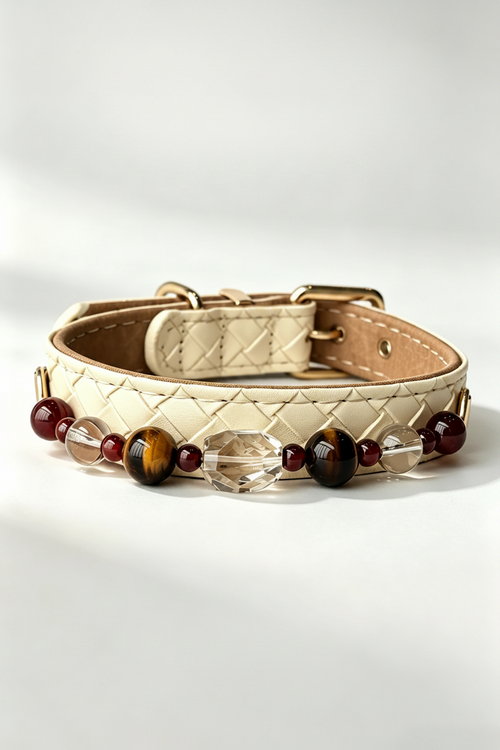 cream woven leather cat collar with tiger eye and carnelian crystal gemstone chain