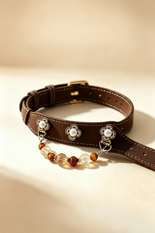 brown leather pet collar with citrine garnet bezel and crystal bead chain