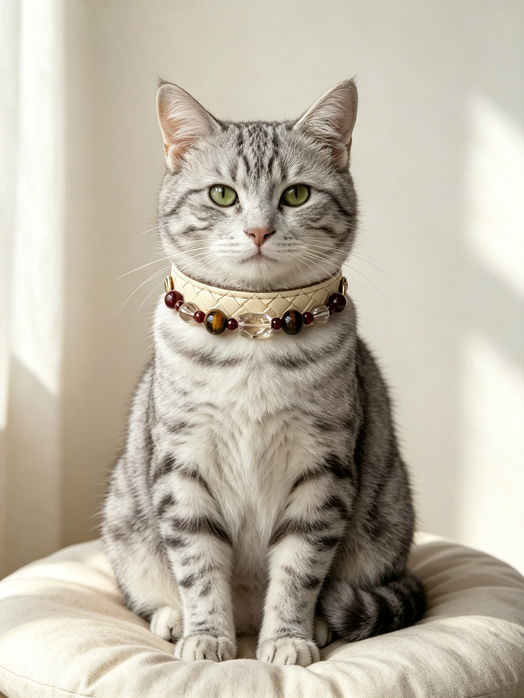 close-up of tiger eye gemstone beads on cream leather pet collar