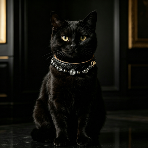 close-up of obsidian and rutilated quartz beads on black woven leather pet collar