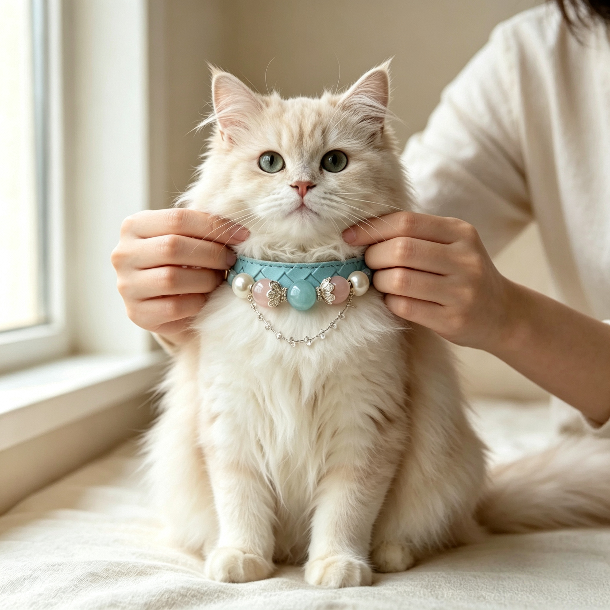 Green fluorite crystal cat collar luxury leather - Veyra-3