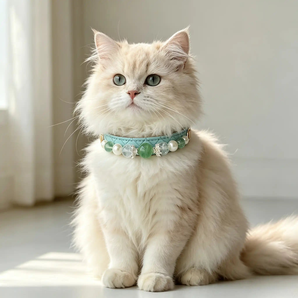 light blue woven leather pet collar with rose quartz aquamarine and pearl gemstone beads side view - Veyrapaw