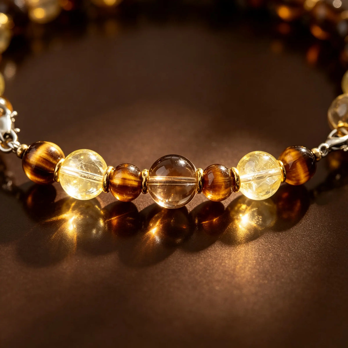 close-up of tiger eye and citrine natural gemstone beads on luxury pet collar bead chain - Veyrapaw