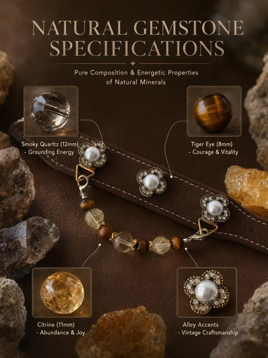 Close-up of 12mm Smoky Quartz and 8mm Tiger's Eye beads on handmade dog collar