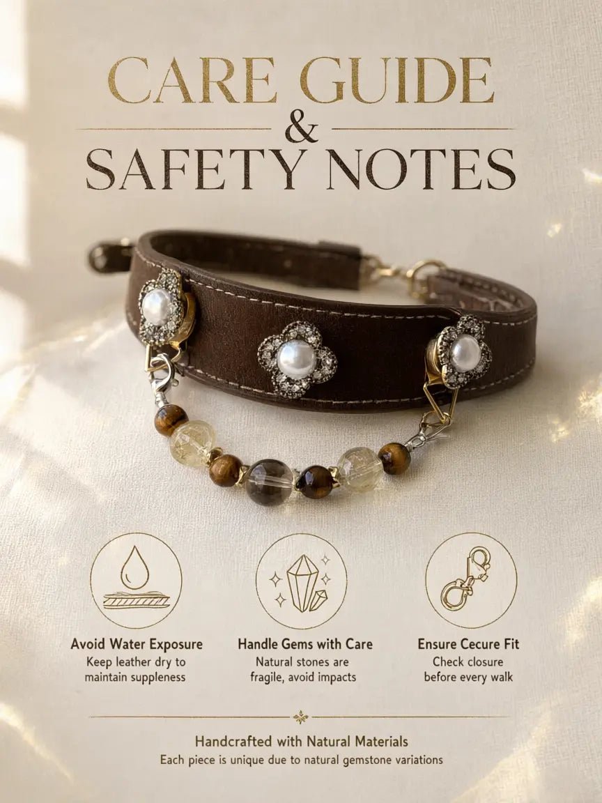Brown snap-buckle collar and alloy hardware details on handmade Tiger's Eye pet collar