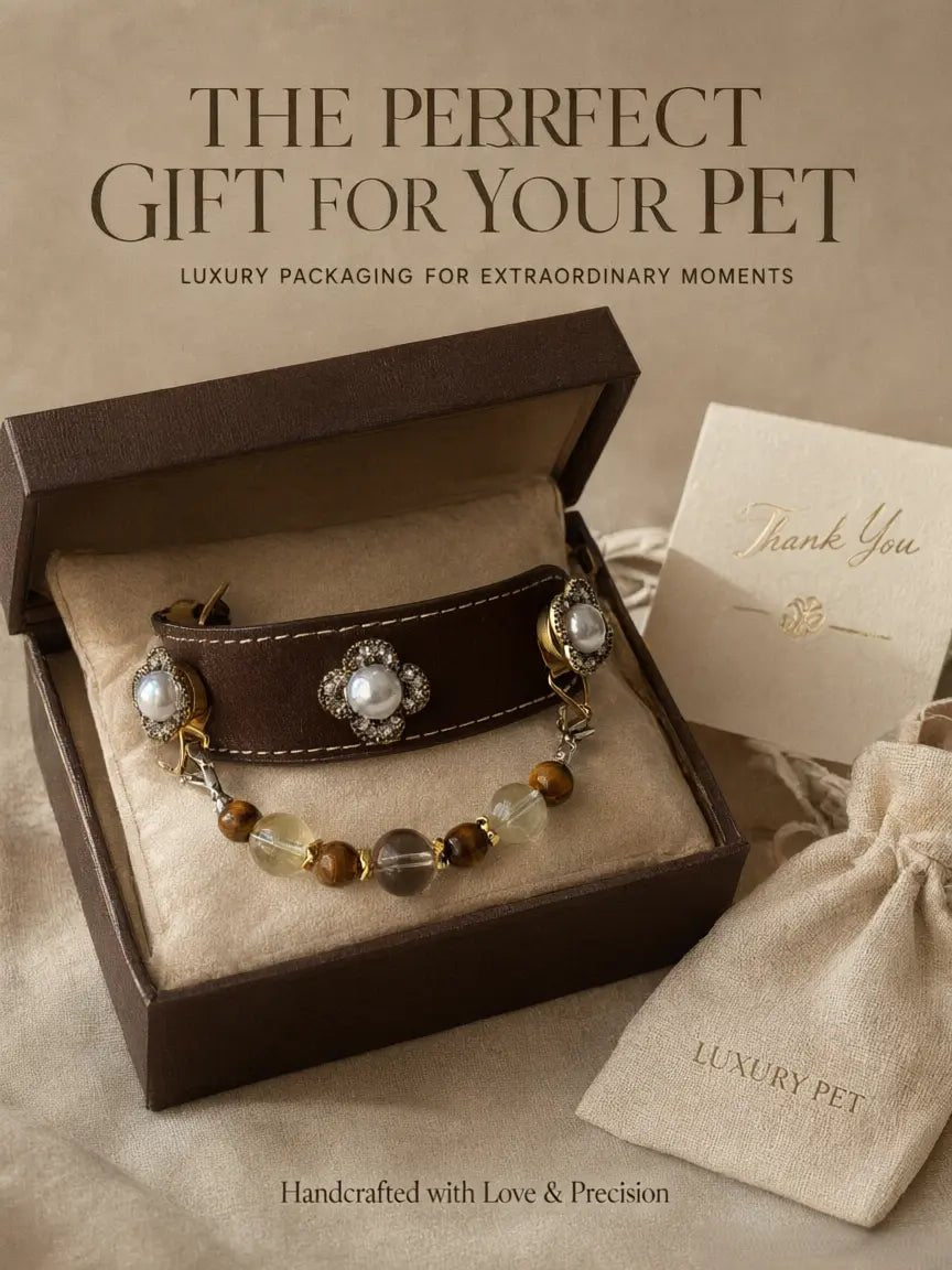 Premium gift box packaging for Veyrapaw Tiger's Eye and Smoky Quartz crystal pet collar
