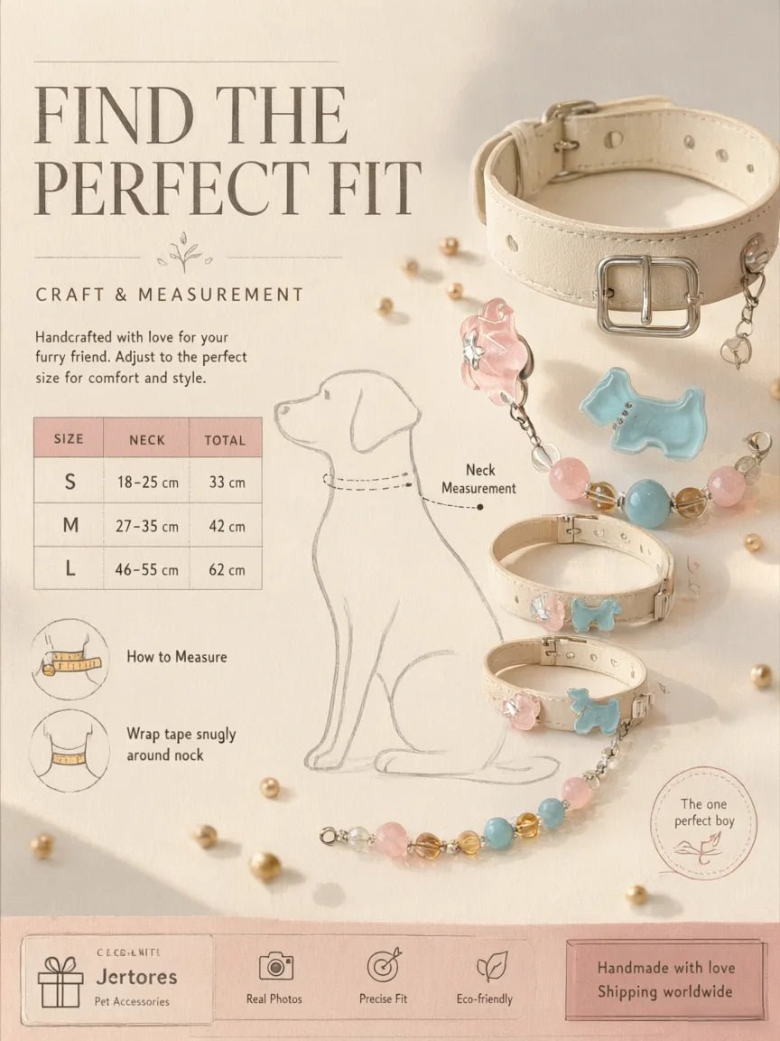 Size chart for the Aquamarine and Pink Crystal dog collar displaying S, M, and L measurements