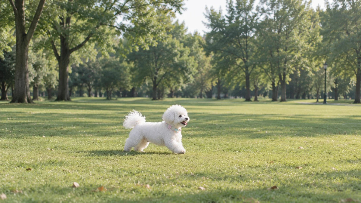 Small dog wearing the Aquamarine gemstone collar running happily on a grassy lawn