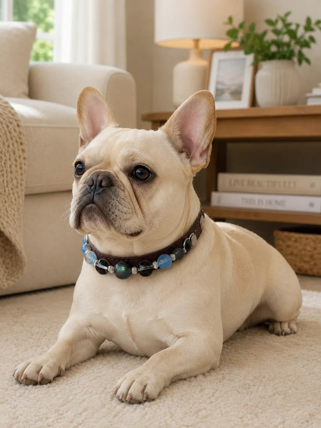 Side view of a French Bulldog resting on a rug while wearing the Gray Moonstone and Smoky Quartz crystal collar