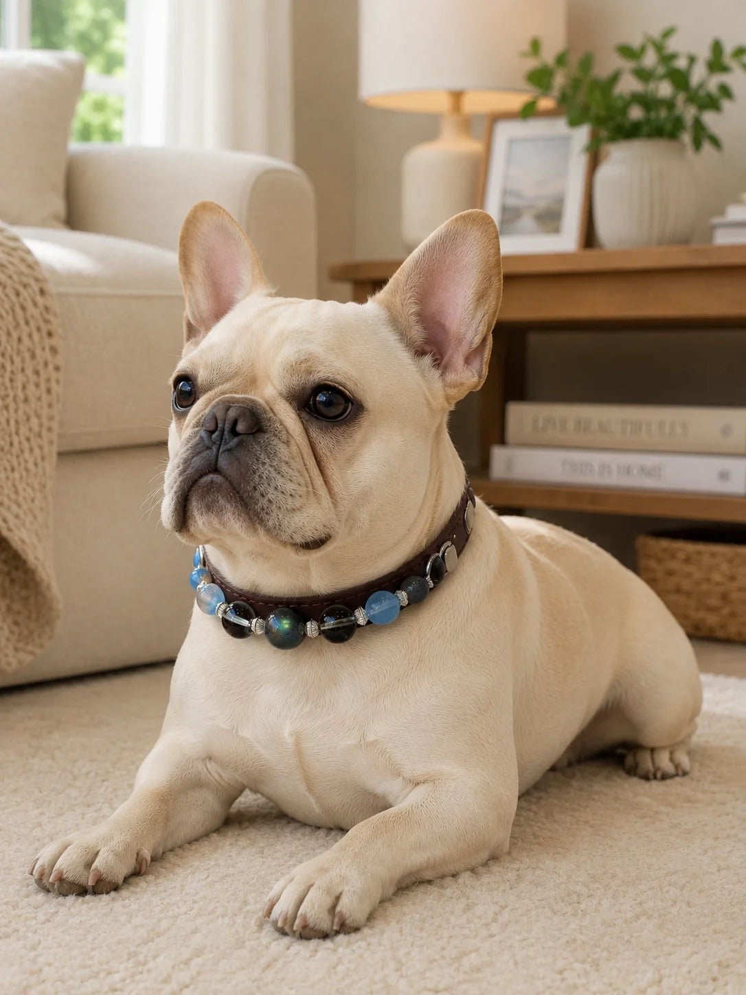 Side view of a French Bulldog resting on a rug while wearing the Gray Moonstone and Smoky Quartz crystal collar