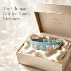 Diamond-pattern leather gemstone pet collar with aquamarine, pink crystal, and pearl beads in luxury gift box - Veyrapaw