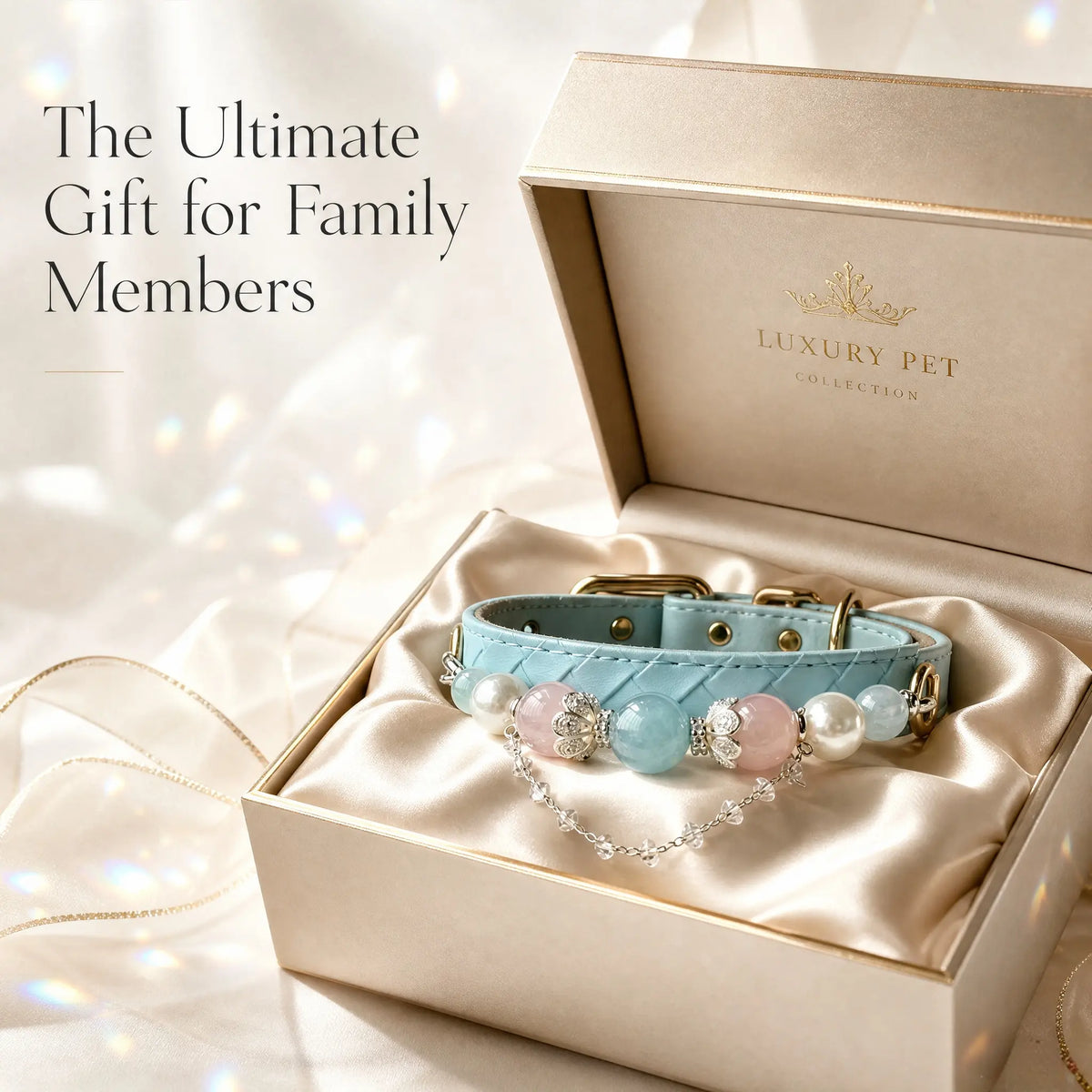 Diamond-pattern leather gemstone pet collar with aquamarine, pink crystal, and pearl beads in luxury gift box - Veyrapaw