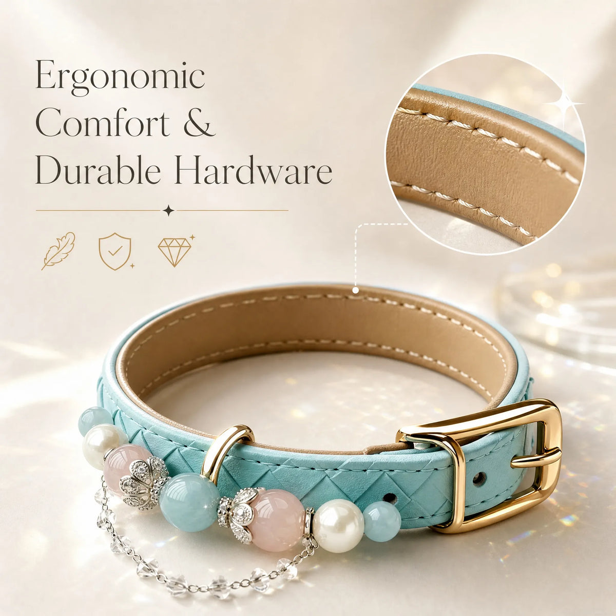 Diamond-pattern leather pet collar showing gold-tone hardware buckle and clasp detail - Veyrapaw