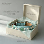 Luxury Green Fluorite and Pearl gemstone pet collar presented in a premium gift box