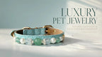 Front view of the handmade Green Fluorite and Pearl gemstone pet collar