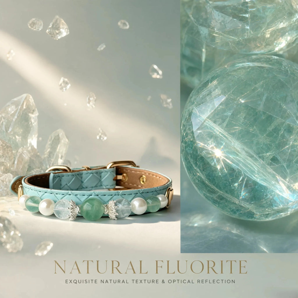 Close-up of the premium Green Fluorite center gemstone on the luxury pet collar
