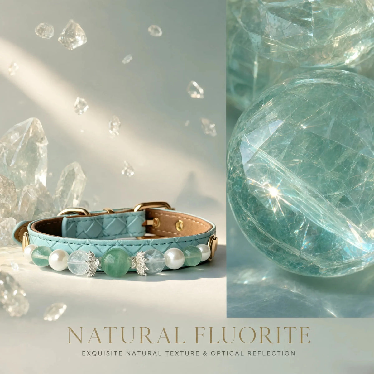 Close-up of the premium Green Fluorite center gemstone on the luxury pet collar