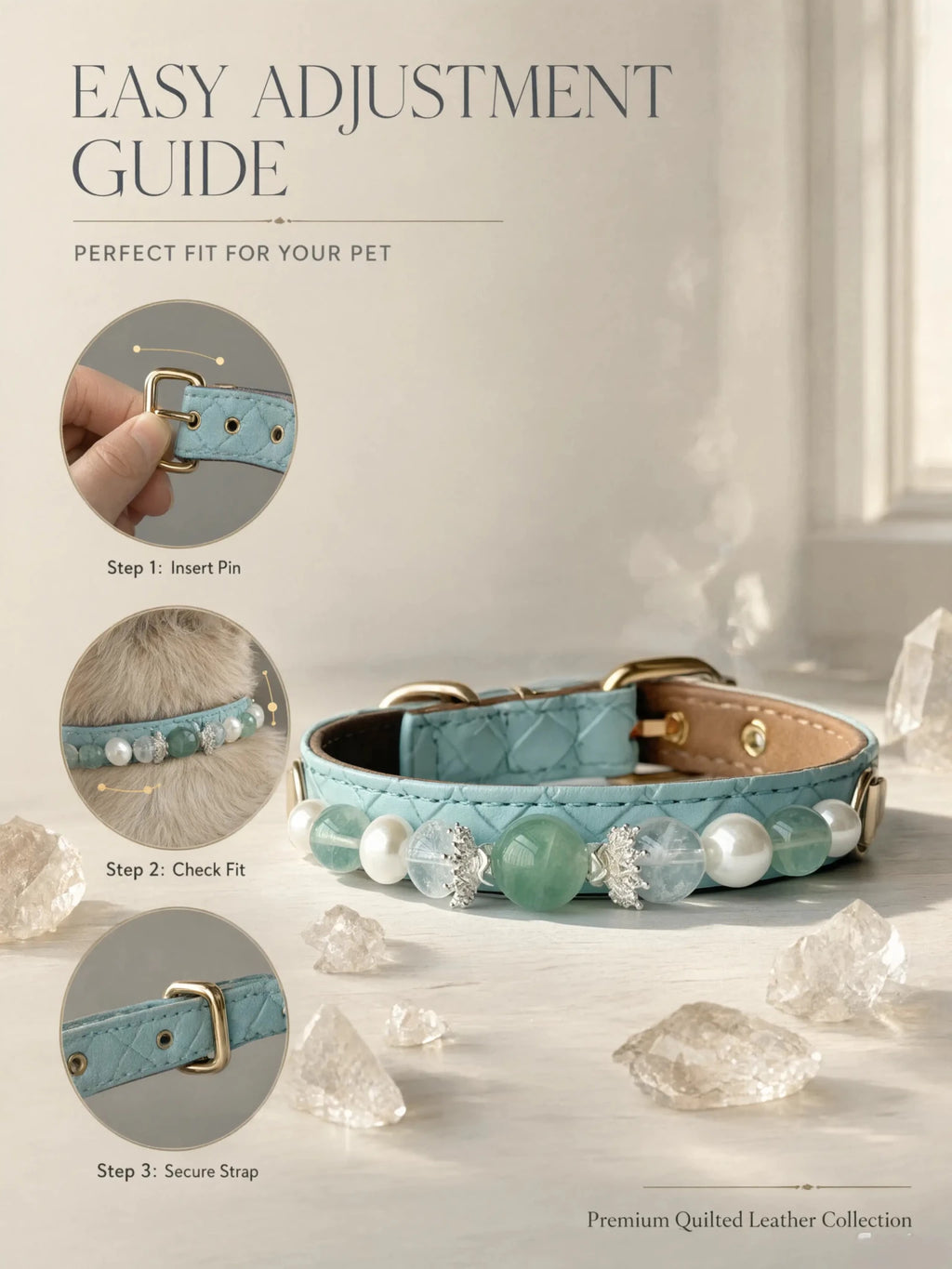 Step-by-step guide on how to wear the Green Fluorite and Pearl gemstone pet collar