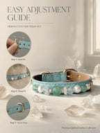 Step-by-step guide on how to wear the Green Fluorite and Pearl gemstone pet collar