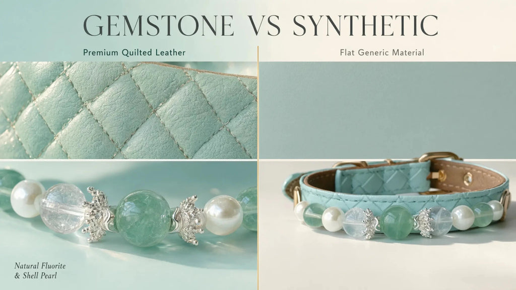 Close-up showing the leather texture and hardware on the Green Fluorite pet collar