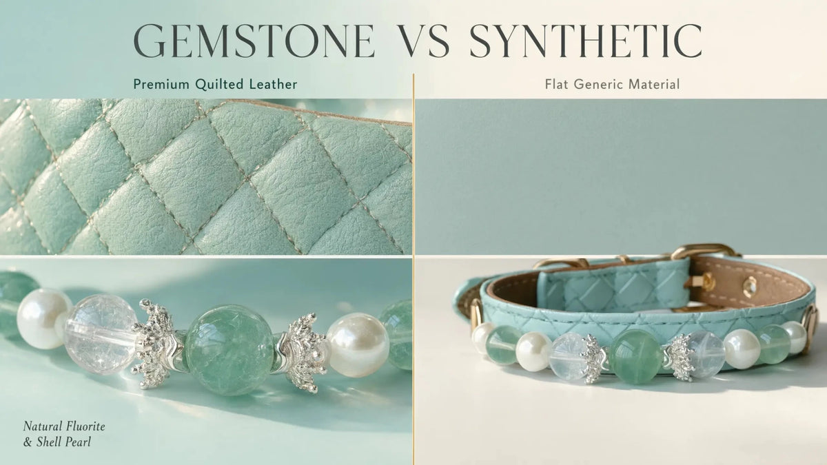Close-up showing the leather texture and hardware on the Green Fluorite pet collar