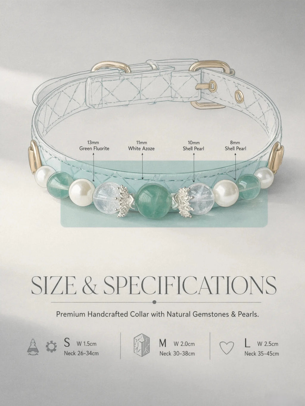 Size chart for the Green Fluorite pet collar displaying S, M, and L measurements