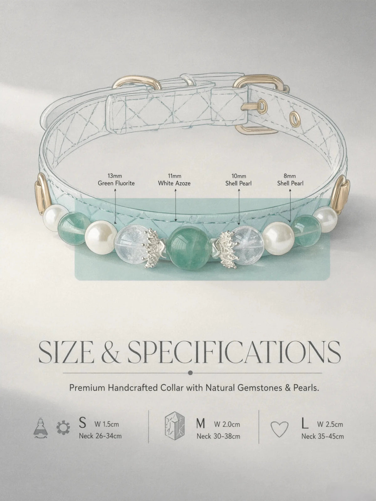 Size chart for the Green Fluorite pet collar displaying S, M, and L measurements