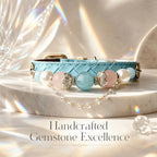 Handcrafted diamond-pattern leather pet collar with aquamarine, pink crystal, and pearl bead chain flat lay - Veyrapaw