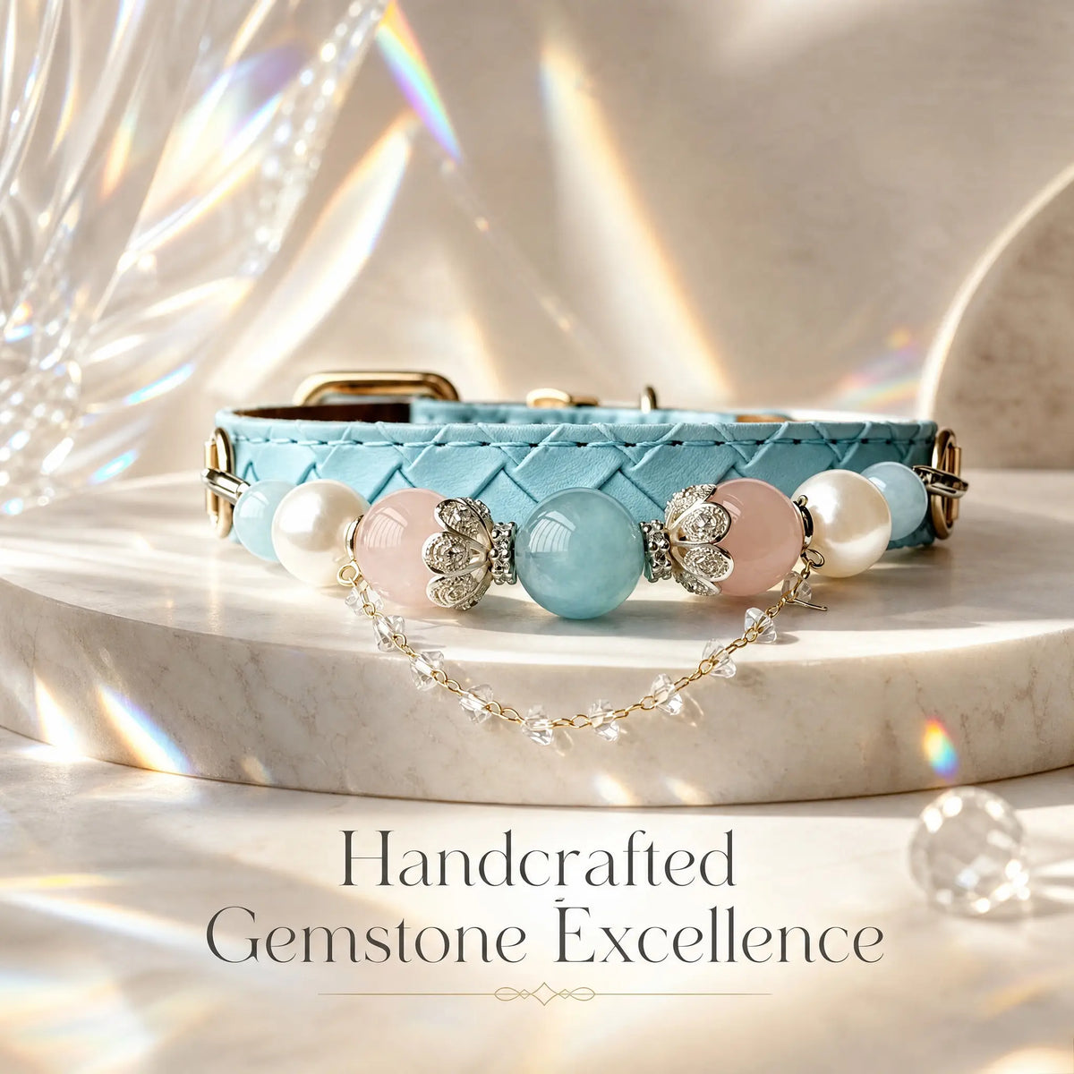 Handcrafted diamond-pattern leather pet collar with aquamarine, pink crystal, and pearl bead chain flat lay - Veyrapaw