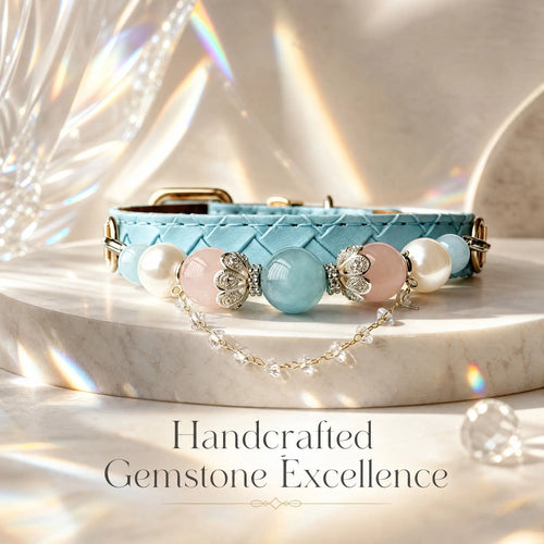 Handcrafted diamond-pattern leather pet collar with aquamarine, pink crystal, and pearl bead chain flat lay - Veyrapaw