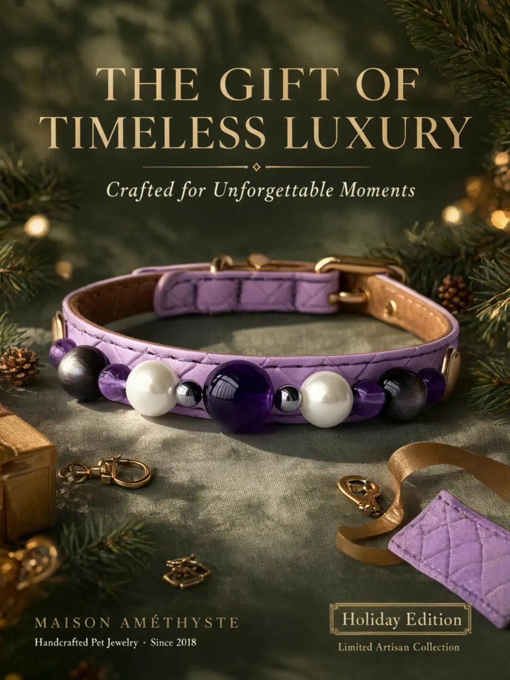 Lifestyle view of the handmade Uruguayan Amethyst and Obsidian gemstone dog collar
