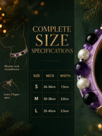 Size chart for the Uruguayan Amethyst and Obsidian dog collar displaying S, M, and L measurements