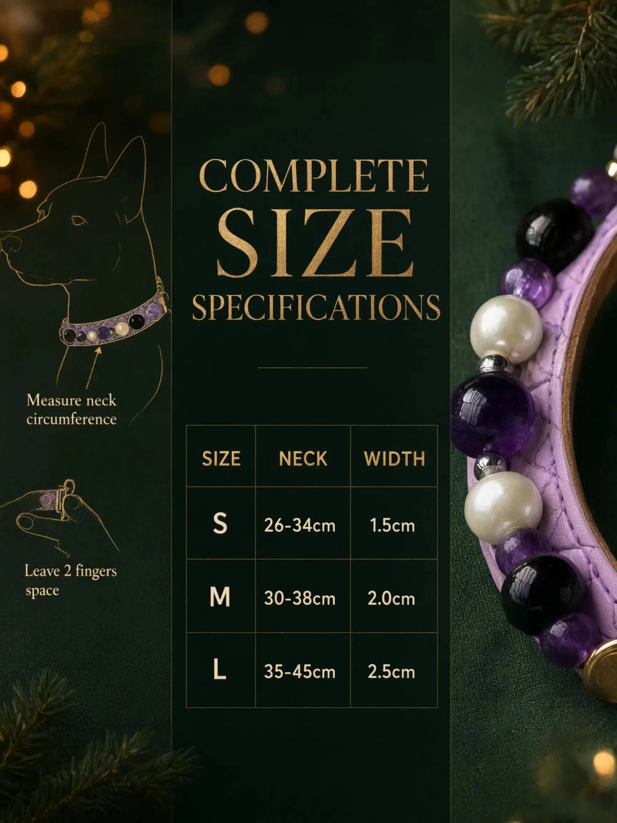 Size chart for the Uruguayan Amethyst and Obsidian dog collar displaying S, M, and L measurements