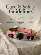 Care and safety guidelines infographic for the handmade Rose Noir crystal pet collar
