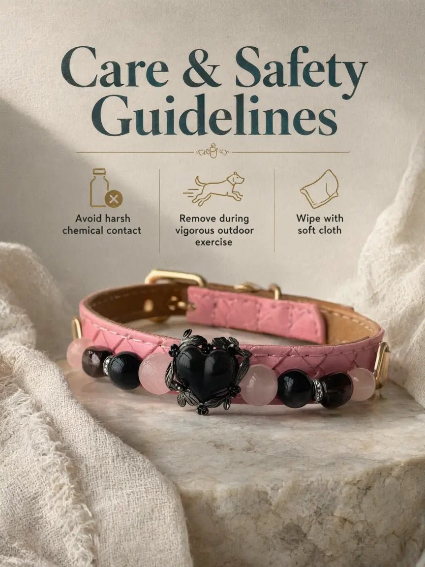 Care and safety guidelines infographic for the handmade Rose Noir crystal pet collar