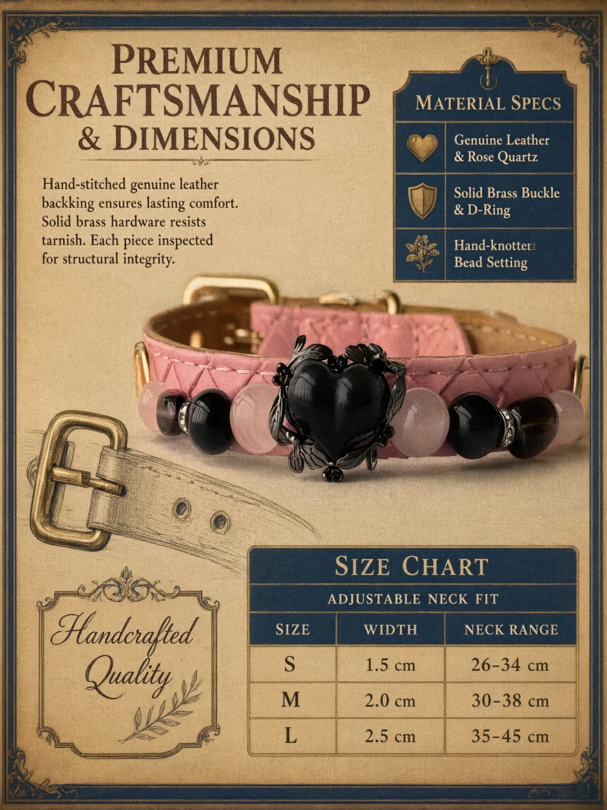 Size chart and dimensions guide for the Rose Noir crystal pet collar