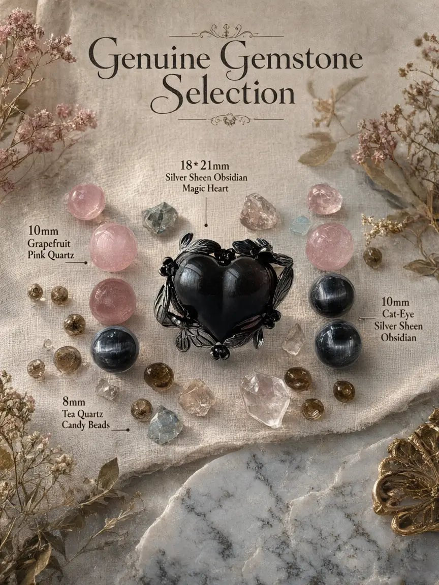 Materials flat lay showing black heart obsidian bead and crystal accents for Rose Noir collar