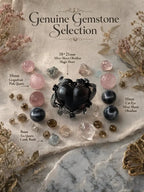 Materials flat lay showing black heart obsidian bead and crystal accents for Rose Noir collar