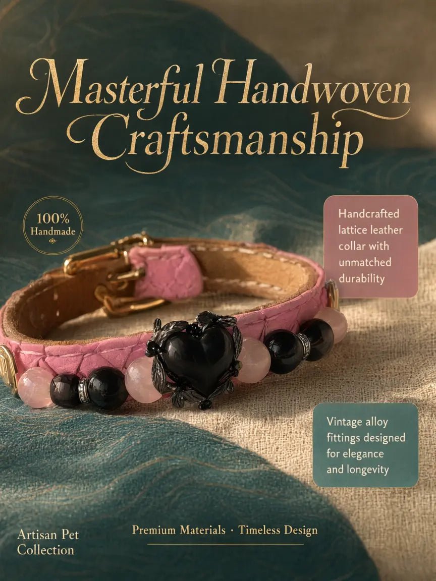 Masterful handwoven craftsmanship of the pink lattice leather Rose Noir pet collar