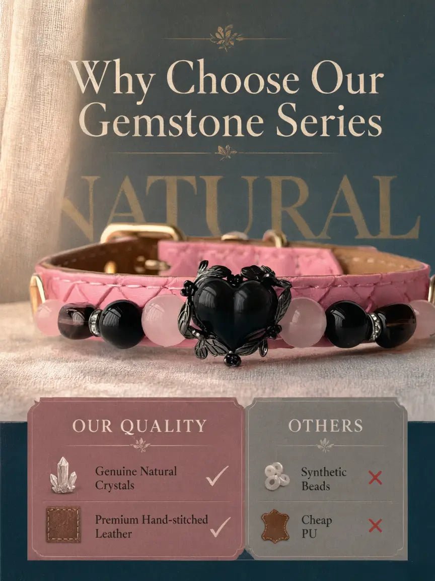 Quality comparison graphic highlighting handcrafted details for Rose Noir crystal pet collar