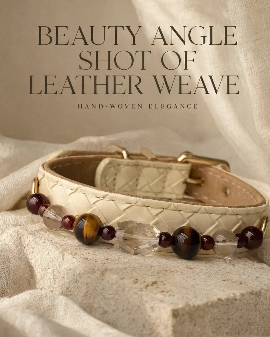 Side angle view of handcrafted tiger's eye pet collar with garnet accents - Veyrapaw