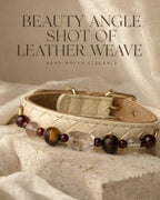 Side angle view of handcrafted tiger's eye pet collar with garnet accents - Veyrapaw