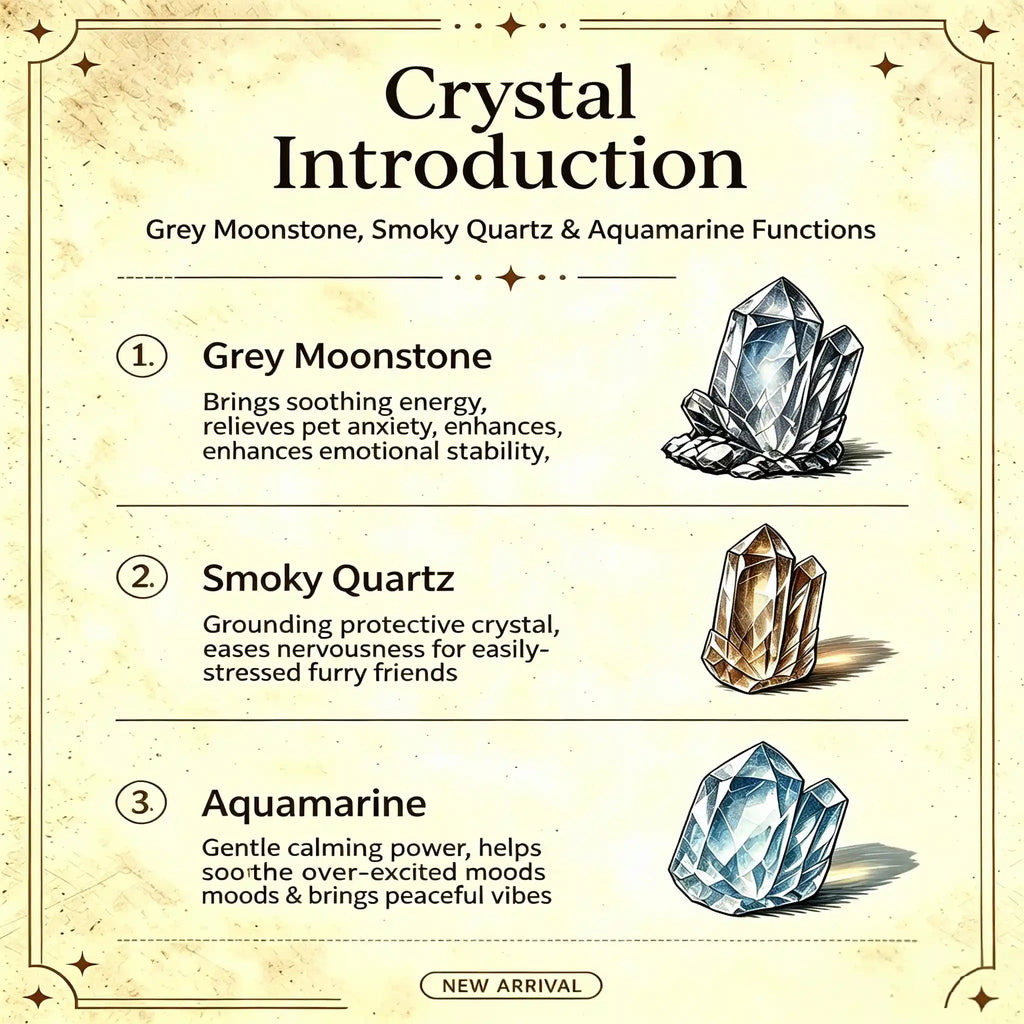 crystal introduction card showing grey moonstone smoky quartz and aquamarine gemstone properties for Veyrapaw pet collar