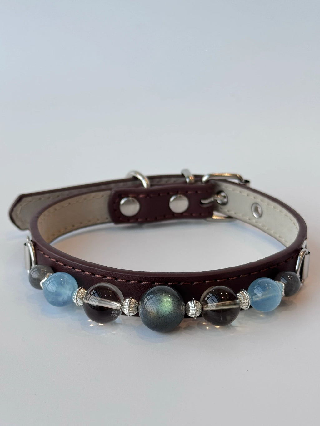 dark burgundy leather pet collar with grey moonstone smoky quartz aquamarine gemstone beads and silver hardware - Veyrapaw