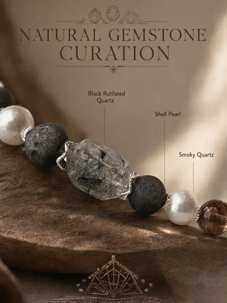 Close-up of the main stone featuring a large Black Rutilated Quartz freeform bead on the pet collar