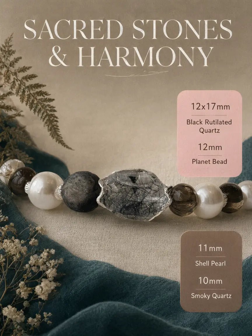 Close-up of the Smoky Quartz beads, Shell Pearl, and planet-shaped detail on the pet collar
