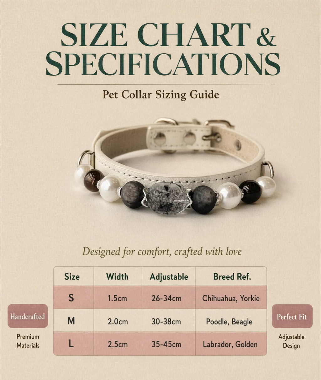 Size chart for the pet collar displaying S, M, and L measurements