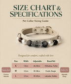 Size chart for the pet collar displaying S, M, and L measurements