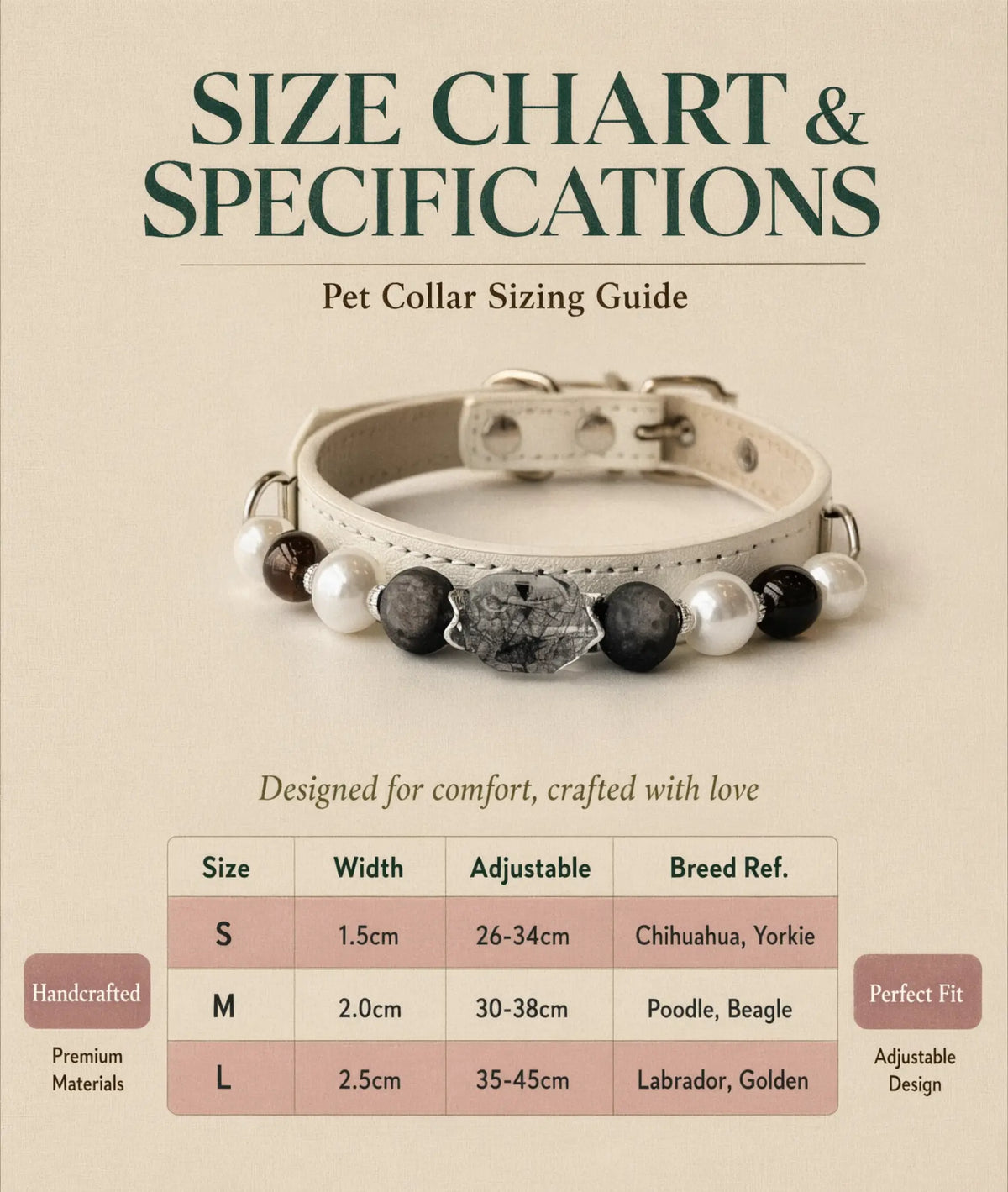 Size chart for the pet collar displaying S, M, and L measurements