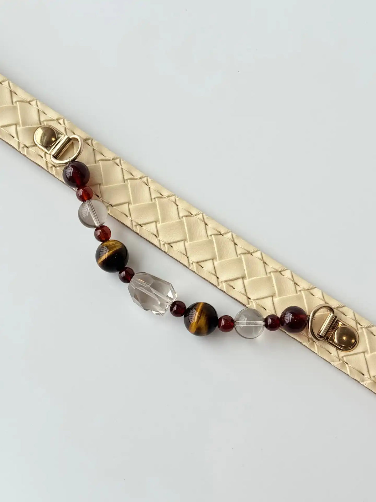 luxury cream leather cat collar with natural gemstone beads on pet